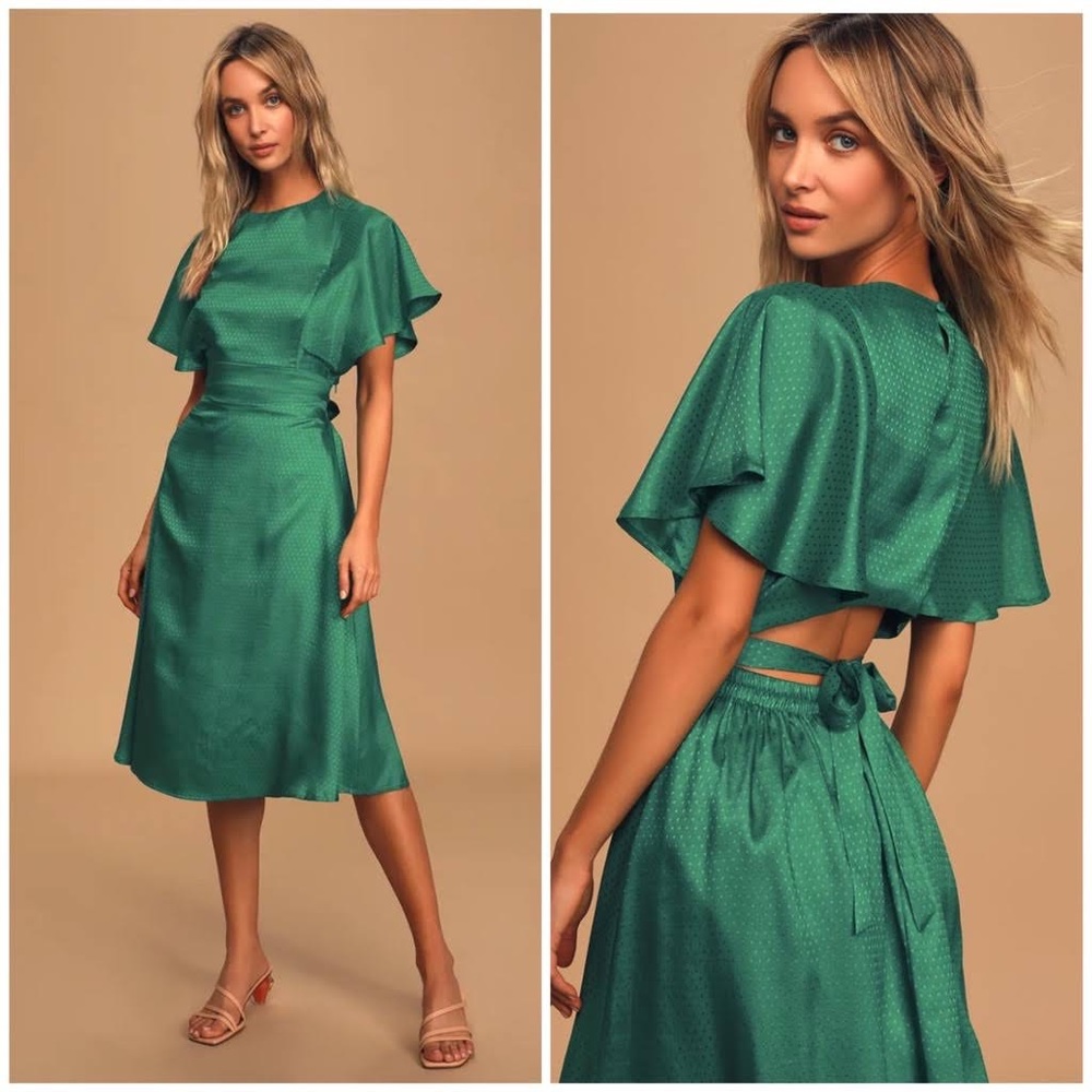 Lulus Cabaret Queen Green Polka Dot Embossed Satin Backless Midi Dress